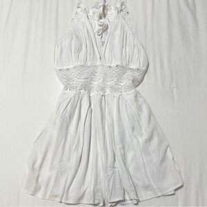 white lace romper with adjustable neck tie